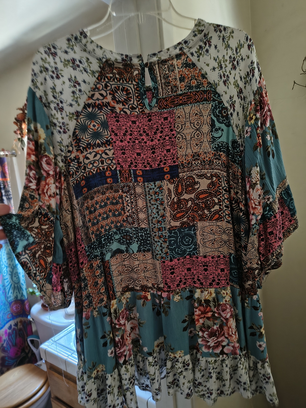 Umgee Teal and Pink Patchwork Floral Boho Blouse